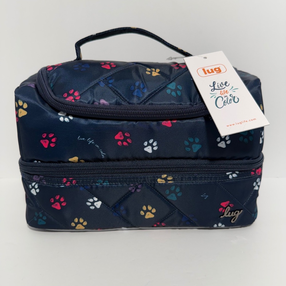 LUG Life Dog Paw Print XL Quilted Cosmetic Case Bag Navy Blue Multicolor